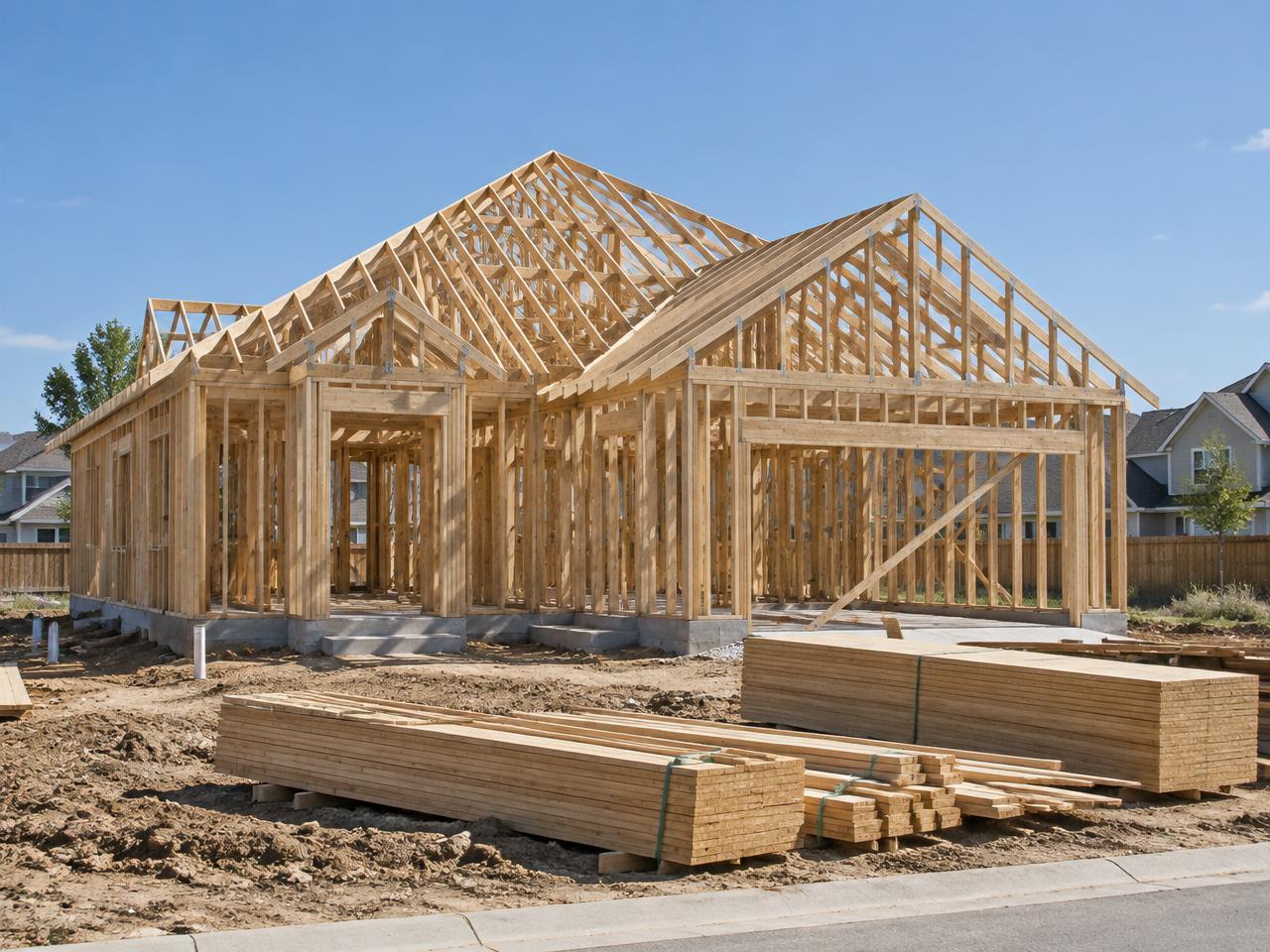 PHOTO: construction in progress, framed single-family home on an infill lot