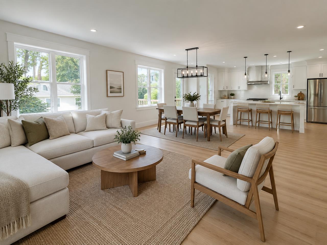 PHOTO: rehabbed interior with open living, dining, and kitchen layout